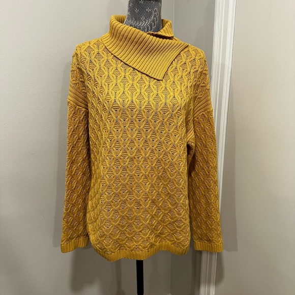 Jeanne Pierre Large Yellow Mixed Cable Knit Cowl Neck Sweater Pullover Sweater. - Picture 1 of 14